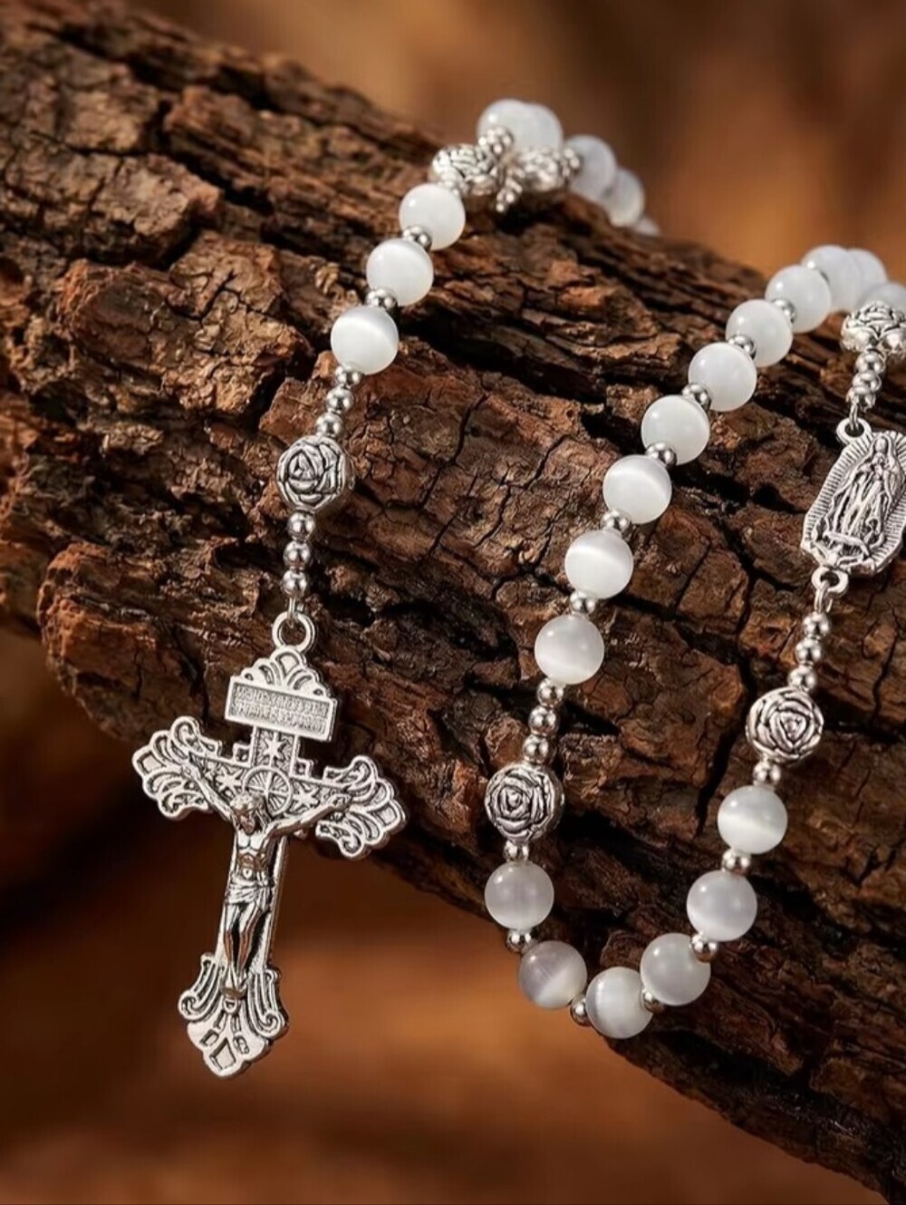 Holy Catholic Rosary White Bead Silver-Tone